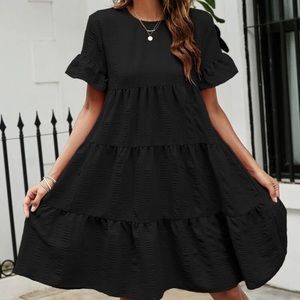 Solid Flounce Sleeve Smock Dress.